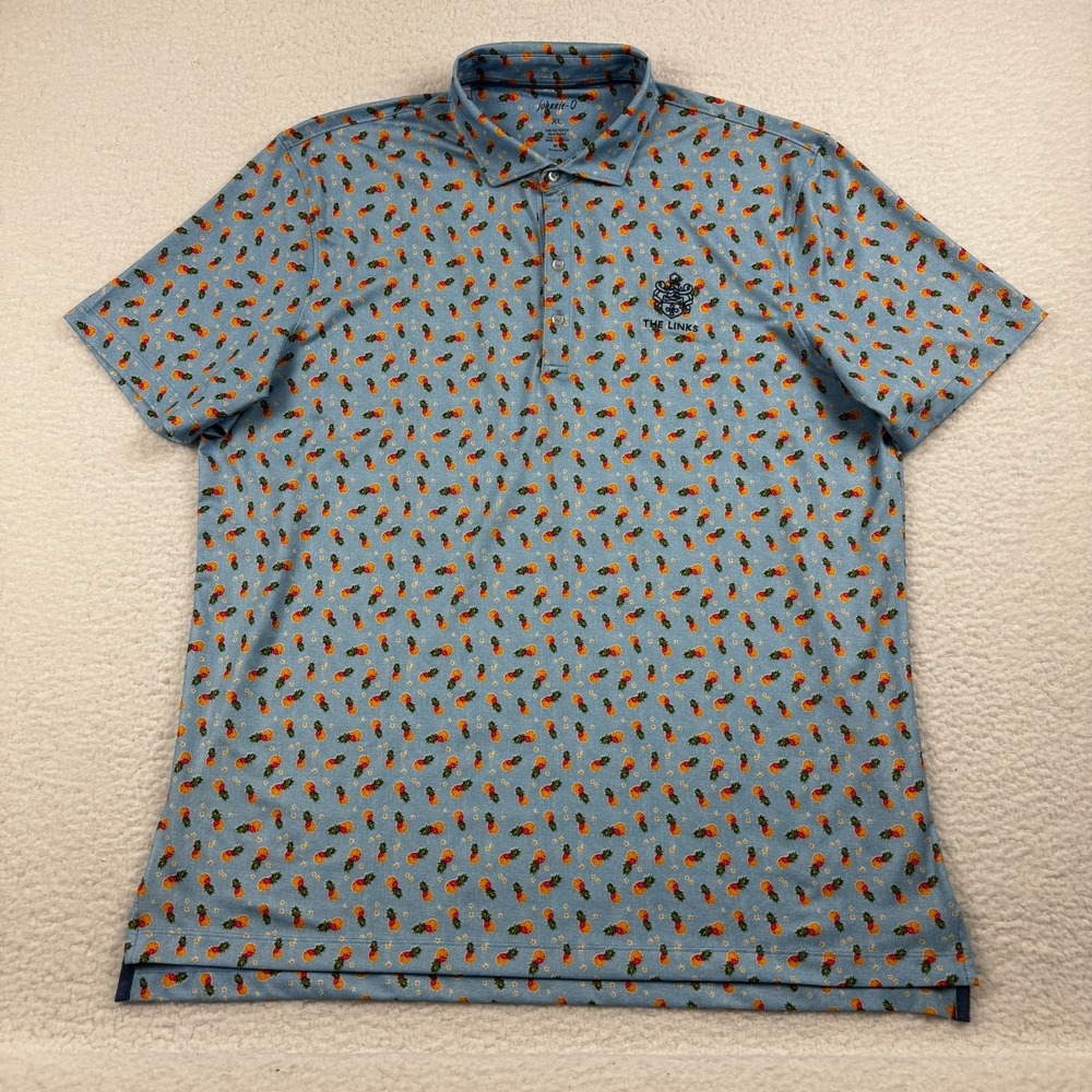 Johnnie-O‎ Polo Shirt Mens XL Blue Pineapple Crush Sun Protection UPF 50 Golf